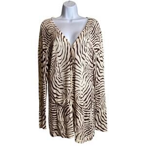 J McLaughlin Women’s Brown Long Zebra Print Cardigan Size L Pockets Lagenlook